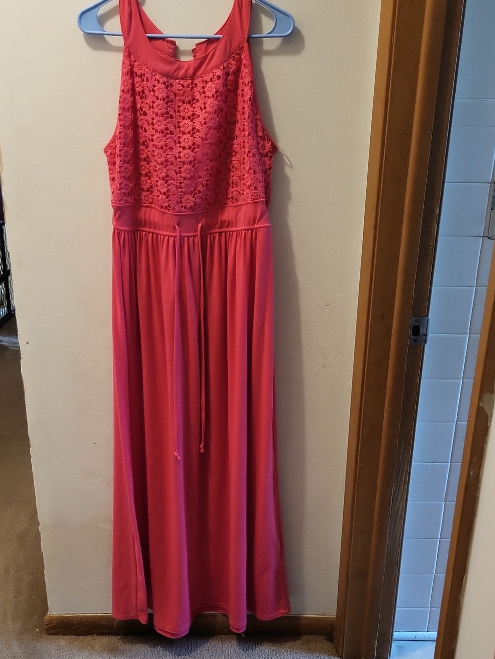 Allison Brittney Coral Pink Lace Yoke Maxi Dress